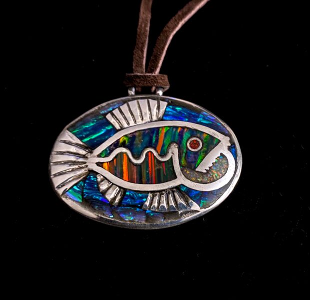 Big Fish - Unisex Sterling Silver Opal Inlaid Pendant
