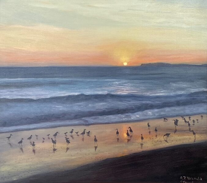 Sunset Gathering at the Bay - Original Painting 18" x 20" Oil on Canvas 